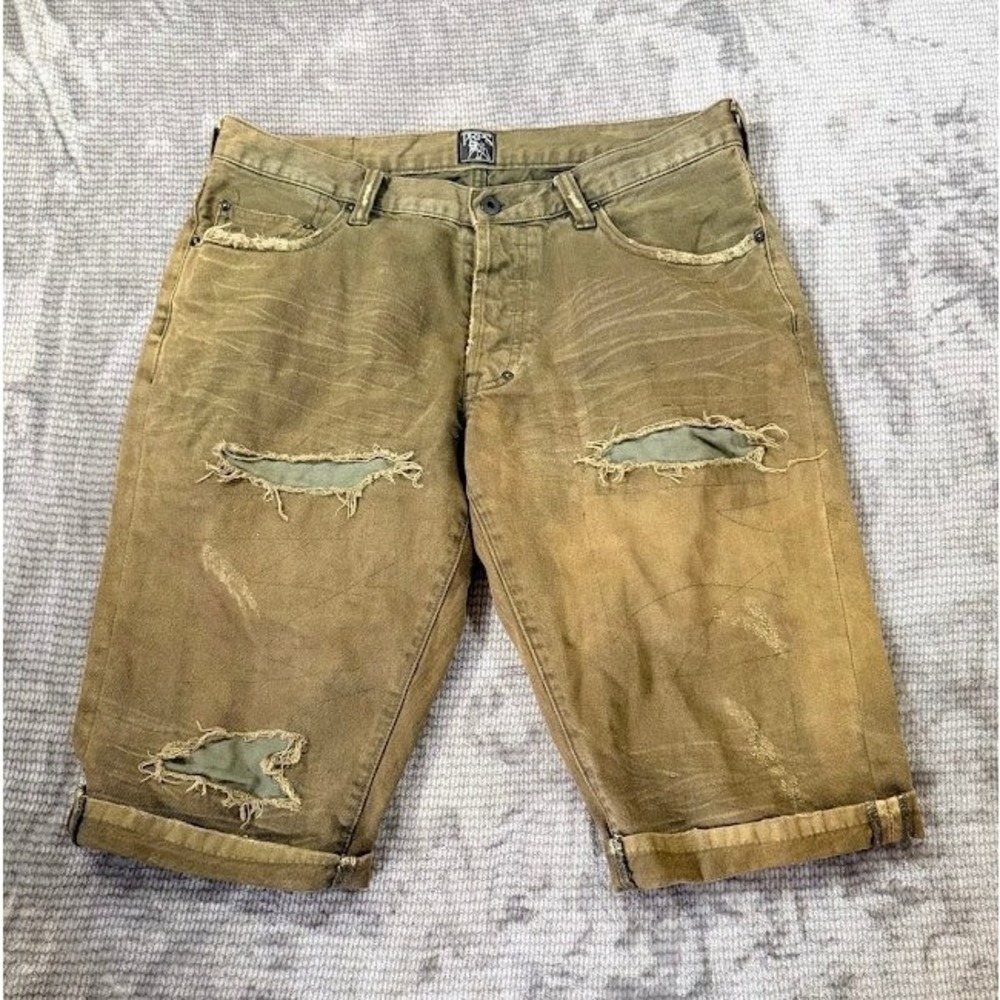 PRPS Goods & Co Mens Distressed Denim Shorts Olive Brown Camo Button Fly 34x13.
